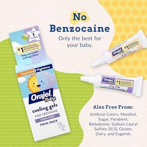 Orajel Baby Daytime & Nighttime Cooling Gels for Teething, Drug - Free, #1 Pediatrician Recommended Brand for Teething*, Two 0.18oz Tubes