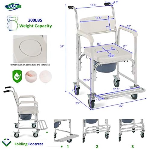 HEALTHLINE Shower Bedside Commode Chair Padded Seat With Wheels by Healthline, Medical Commode Toilet Rolling Shower Chair With Casters (4 Wheels Brakes), Commode Padded Backrest and Seat