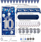 10th Birthday Decorations for Boys Girls, Blue Silver 10th Birthday Decorations Backdrop with Happy 10th Birthday Banner, Number 10 Hanging Swirls, Triangle Flag, 10 Years Old Party Decor Supplies