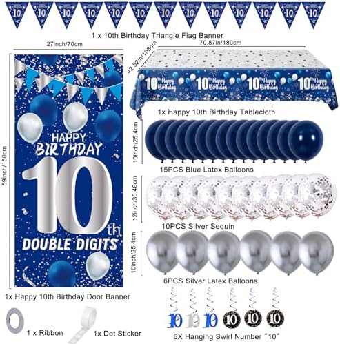 10th Birthday Decorations for Boys Girls, Blue Silver 10th Birthday Decorations Backdrop with Happy 10th Birthday Banner, Number 10 Hanging Swirls, Triangle Flag, 10 Years Old Party Decor Supplies