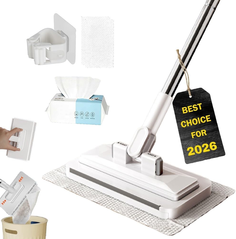 Hands-Free Multi-Purpose Flat Mop – Lazy Cleaning & Face Towel Compatible 39in Long Handle Dust with Locking Head for Wall Bathroom Toilet Corners Multi-Surface