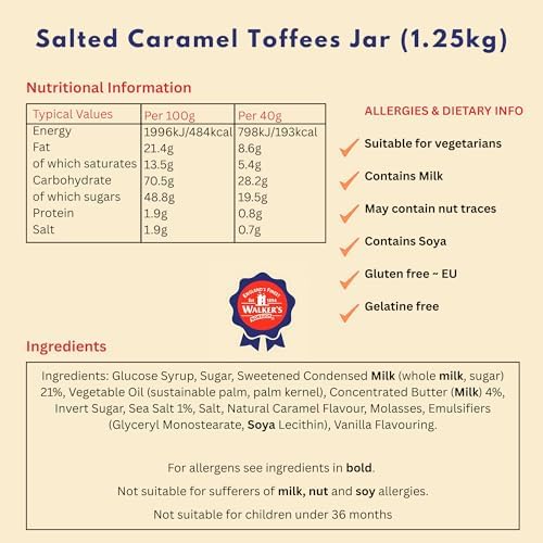 Walkers Nonsuch Salted Caramel Toffees Jar 1.25kg (44.09 Oz) – Traditional British Candy – Sweet and Salty Caramel Toffee Individually Wrapped – Imported UK Gourmet Milk & Butter Candy Gift Pack