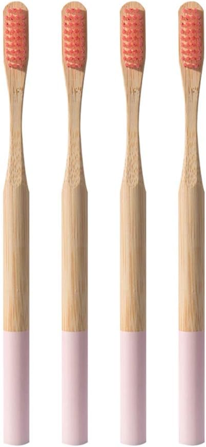 FRCOLOR 4Pcs Bamboo Toothbrushes Soft Bristle Wooden Toothbrushes for Adults Home Use Travel Tooth Brush Set with Ergonomic Handle Random Color