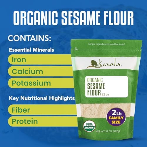 Kevala Organic Sesame Flour - 50% Protein Flour Made with Non GMO Sesame Seeds, With Mild Sesame Flavor, Vegan Protein Source, For Making Bread and Cooking, 2 lb, 32 oz