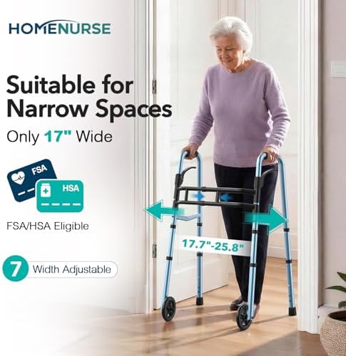 HOMENURSE Narrow Walkers for Seniors, Folding Walker with Skis and 5" Wheels for Small Spaces, Adjustable Width & Height, Aluminum Lightweight Standard Rolling Walker, Support Up to 350lbs, Blue