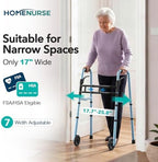 HOMENURSE Narrow Walkers for Seniors, Folding Walker with Skis and 5" Wheels for Small Spaces, Adjustable Width & Height, Aluminum Lightweight Standard Rolling Walker, Support Up to 350lbs, Blue