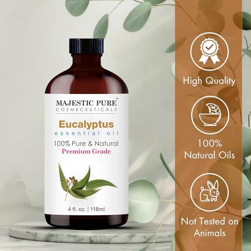 Majestic Pure Essential Oil with Glass Dropper - 100% Pure and Natural - Essential Oils for Diffuser, Aromatherapy, Soap and Candle Making, Eucalyptus Essential Oil, Eucalyptus Oil, 4 Fl Oz