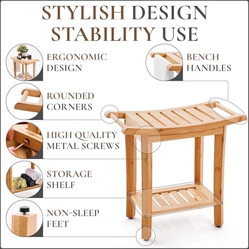 Teak shower bench with Storage Shelf, Shower Stool for Inside Shower, Waterproof Shower Bench Seat, Shower Chair for Inside Shower, Wood Bench, Bathroom Bench (Natural Wood) (Bamboo Wood)