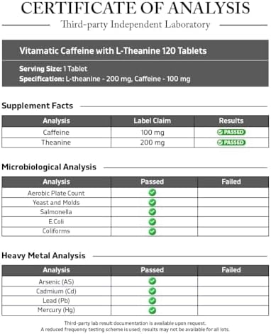 Vitamatic L-Theanine 200mg with Caffeine 100mg – 120 Vegetarian Tablets Nootropic Supplement for Focused Energy & Mental Clarity