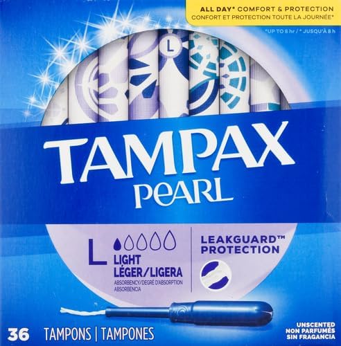 Tampax Pearl Plastic Tampons, Light Absorbency, Unscented, 36 Count (Pack of 2) (72 Total Count) (Packaging May Vary)