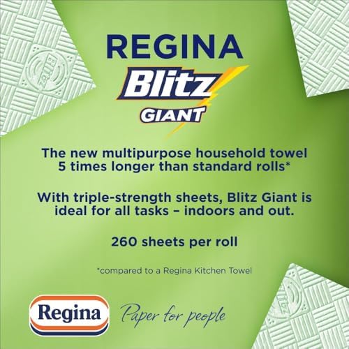 Regina Blitz Giant – 1 Roll Multi-Purpose Household Towels, 3 Ply, 260 Sheets Per Roll, Triple Layered Strength, Household Towels Made With Virgin Pulp, Recyclable Paper Packaging, and FSC Certified