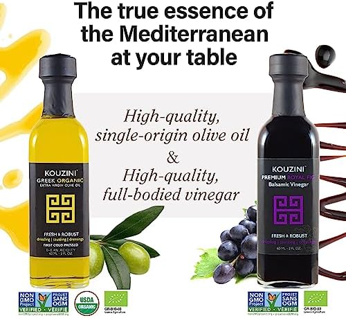 Kouzini Variety Gift Pack - Greek Extra Virgin Olive Oil and Balsamic Vinegar, 3 Balsamic Vinegars with 2 Greek Olive Oil Bottles, Great Cooking Oil Dispenser Bottle Refill, 60 ml, Pack of 5