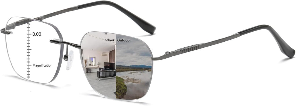 K.LAVER Photochromic Multifocus Progressive Rimless Reading Glasses Men Women Anti Blue Light Transition Multifocal Readers