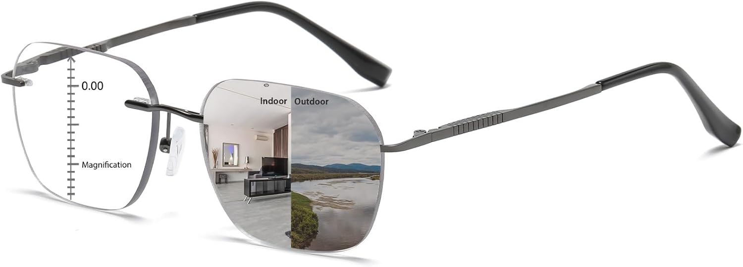 K.LAVER Photochromic Multifocus Progressive Rimless Reading Glasses Men Women Anti Blue Light Transition Multifocal Readers
