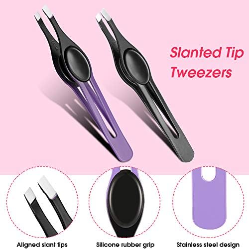 Chumia 5 Pieces Non-Slip Grip Tweezers Slanted Tip Stainless Steel Tweezer Wide Precision Tip Clip Tweezer for Ingrown Hair Eyebrow Shaping Splinter Blackhead Remover (Black Rubber Grip)