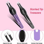 Chumia 5 Pieces Non-Slip Grip Tweezers Slanted Tip Stainless Steel Tweezer Wide Precision Tip Clip Tweezer for Ingrown Hair Eyebrow Shaping Splinter Blackhead Remover (Black Rubber Grip)