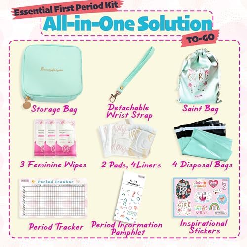 Essential First Period Kit for Girls 10-12 | Period Bags for Teen Girls for School | First Period Gift with Sanitary Pad Storage Bag, Wipes, Period Tracker and More(Mint)