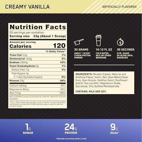Optimum Nutrition Gold Standard 100% Micellar Casein Protein Powder, Slow Digesting, Helps Keep You Full, Overnight Muscle Recovery, Creamy Vanilla, 1.81 Pound (Packaging May Vary)