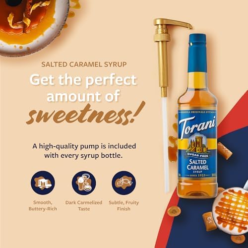 Torani Sugar Free Coffee Syrup, Salted Caramel Flavored Syrup for Drinks, Zero Calorie, Pump Included, 25.4 Fl Oz