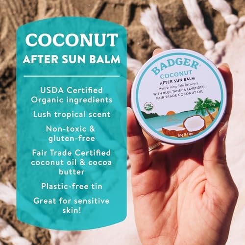 Badger Coconut AfterSun Balm, 100% Organic Soothing Sunburn Relief, Great Smelling, Moisturizing & Hydrating After Sun Skin Care, 2 oz Tin