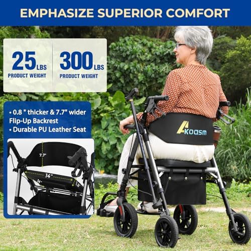 Foldable Rollator Walker for Seniors with Seat, Lightweight 2 in 1 Rolling Walkers Wheelchair Combo for Adult, Transport Chair with Brakes, Adjustable Seat and Handle, 300 Lb. Weight Capacity, Grey