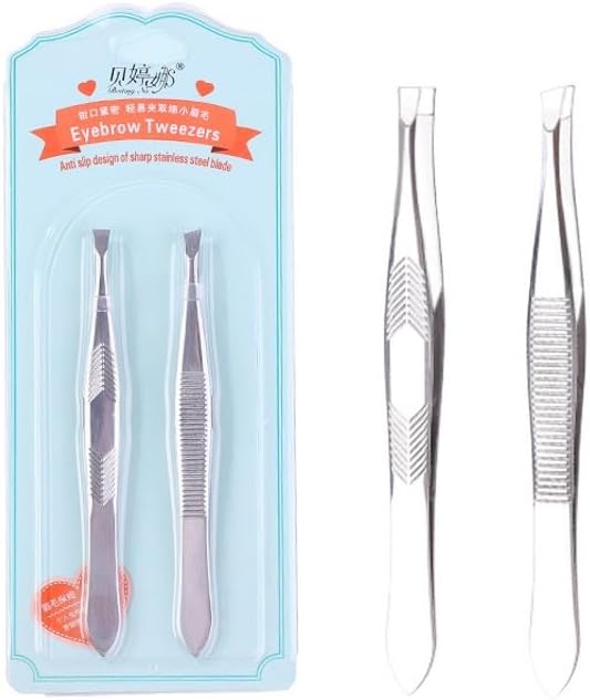 2Pcs/Set Stainless Steel Eyebrow Tweezer Eyebrow Clip for Hair Removal Precision Makeup Tools Clamp Safe for Easy to Cleaning (Silver, 9cm)