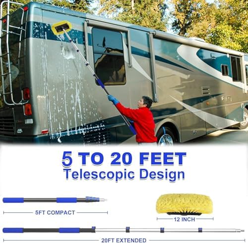 Buyplus 26FT Reach Car Wash Brush with Long Handle, 12-Inch Soft Bristle Head, Truck Wash Brush with 5-20FT Telescoping Pole, Car Washing Brush for Cleaning Car, SUV, RV, Boats, Solar Panels Blue