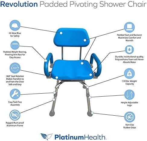 Revolution Pivoting Shower Chair for Bathtub, Adjustable Swivel Seat with Padded Back and Arms, Adjustable Space Saving Design for Tubs, Shower, for Elderly, Handicap & Seniors, Blue