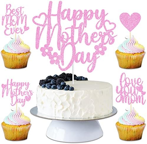 JOZON 25 PCS Glittery Pink Happy Mother's Day Cake Topper and Best Mom Ever Love You Mom Cupcake Topper Set Mothers Day Party Cupcake Picks Cake Decorations Supplies