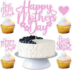 JOZON 25 PCS Glittery Pink Happy Mother's Day Cake Topper and Best Mom Ever Love You Mom Cupcake Topper Set Mothers Day Party Cupcake Picks Cake Decorations Supplies