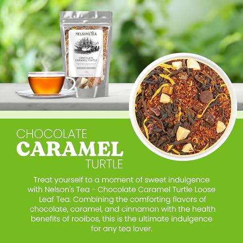 Nelson's Tea - Chocolate Caramel Turtle Loose Leaf Tea - Blend of Red Rooibos, Cinnamon Chips, Marigold Petals, Caramel Pieces, Chocolate Chips-Unwrap Sweet Tea Indulgence in Every Tea Cup - 2 oz