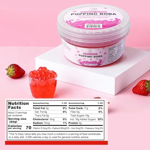 Soeos Strawberry Popping Boba, 550g – Bursting Boba Pearls for Bubble Tea, Frozen Yogurt, Desserts & Drinks