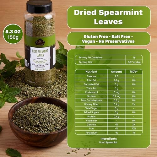 Cerez Pazari Dried Mint Leaves 5.3oz |%100 Natural, Non-irradiated, Non-GMO, Gluten Free, Raw Turkish Dried Spearmint Leaves, Crushed Peppermint Tea | Plastic Pet & Easy to Use Flapper Spice Cap