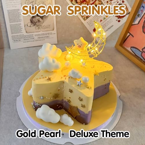 Gold Pearl Sprinkles,Edible Pearl Stars Rods Sugar Candy,130g,Golden Sprinkle Mix Size,Baking Cake Decorations,Cupcake Toppers,Cookie Donuts Ice Cream,Holiday Birthday Wedding Party Mother's Day Easter Supplies