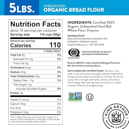 King Arthur 100% Organic Bread Flour, Unbleached, 5 lb (Pack of 1) - Non-GMO Project Verified, No Preservatives