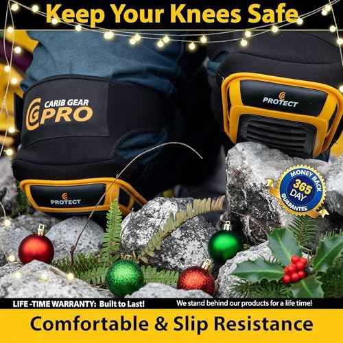 CARIB GEAR PRO USA Work Knee Pads for Men and Women Heavy Duty Double Gel Construction Knee Pads with Anti Slip Straps for Flooring Tiling Gardening Includes Leather Gloves and Safety Glasses