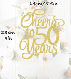 Cheers to 50 Years Cake Topper - Gold Glitter 50th Birthday Cake Decorating Supplies, Perfect for 50th Anniversary or Fifty Birthday Party, Photo Booth Props