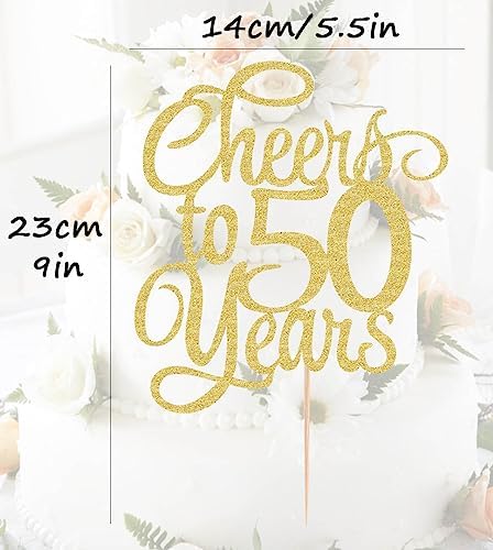 Cheers to 50 Years Cake Topper - Gold Glitter 50th Birthday Cake Decorating Supplies, Perfect for 50th Anniversary or Fifty Birthday Party, Photo Booth Props