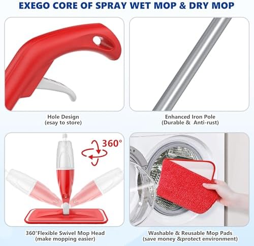 Spray Mops for Floor Cleaning: EXEGO Wet Mop with 3 Washable Microfiber Pads for Swiffer Powermop - Floor Flat Mop Dust Dry Nops for Hardwood Tile Wood Laminate Vinyl Marble - Home Commercial Mop