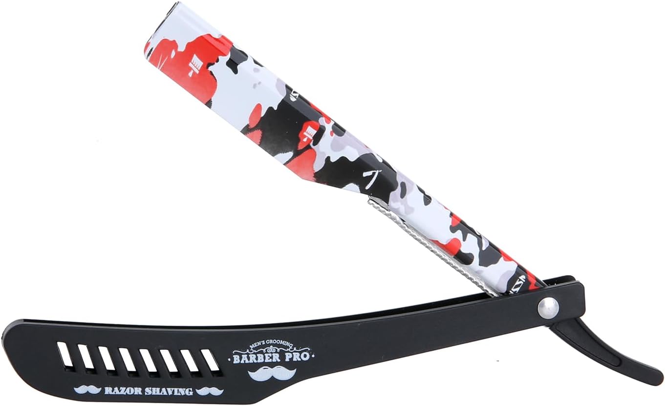 Professional Straight Razor Holder for Barbers – Folding Shaving Razor Handle, Stainless Steel Blade Compatible, for Barber Shop & Home Grooming (Black Red)