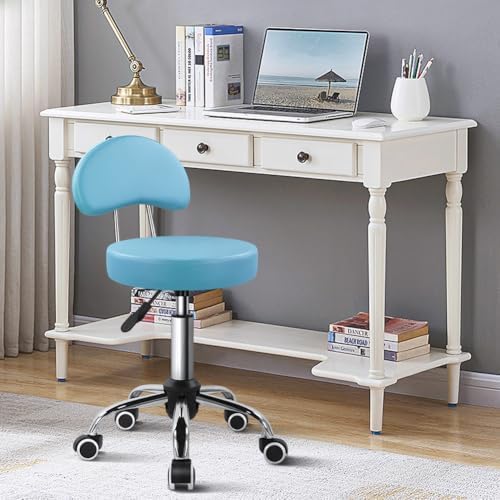 KKTONER Rolling Stool with Mid Back Height Adjustable Chair PU Leather Swivel Chair with Wheels for Office Home Task Drafting Sky Blue