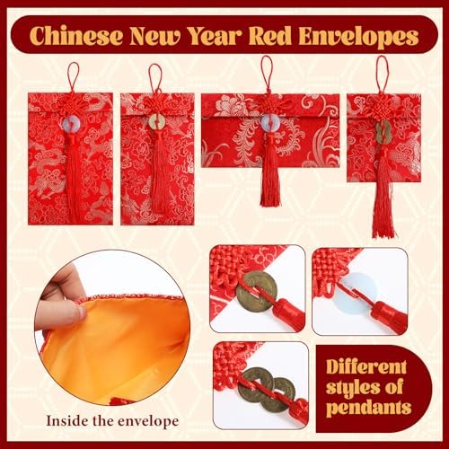 Shinylin 20 Pack Chinese New Year Silk Red Envelopes Brocade Lunar New Year with Chinese Knot, Coins & Jade Charms – 3 Sizes Lucky Envelopes for Spring Festival, Lunar 2026 Hongbao, Gift Giving