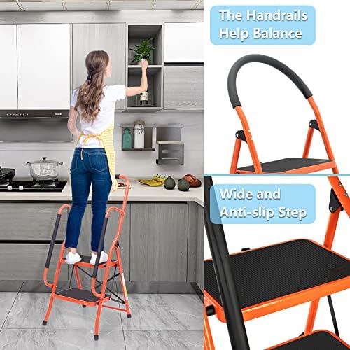 LUISLADDERS 2 Step Ladder, Folding Step Stool with Handrails, Step Ladder 2 Step Folding 500lbs with Widened Anti-Slip Pedal, Multi-use for Home Kitchen Office