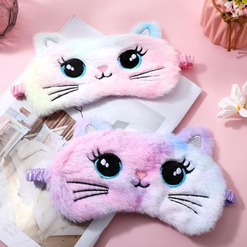 2 Pcs Plush Eye Mask Soft Sleeping Blindfold Eye Cover Comfortable Cute Animal Sleeping Mask Satin Nap Night Eyeshade Cover for Women Men Gift (Colorful, Cat Style)