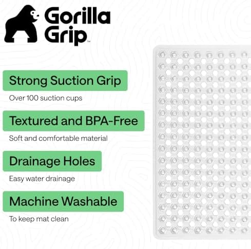 GORILLA GRIP Patented Square Shower Stall Mat, Small Bathtub Floor Mats for Stand Up Showers with Suction Cups and Drainage Holes, Machine Wash, Soft on Feet, Bathroom Accessories 21x21 Inch, Clear