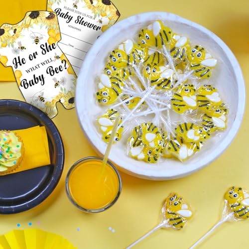 Bee Candy – 24 Individually Wrapped Lemon Flavored Suckers – Honey Bee Party Favors, Baby Showers, Edible Cupcake Toppers, Dessert Table Treats, Goodie Bag Lollipops for Kids