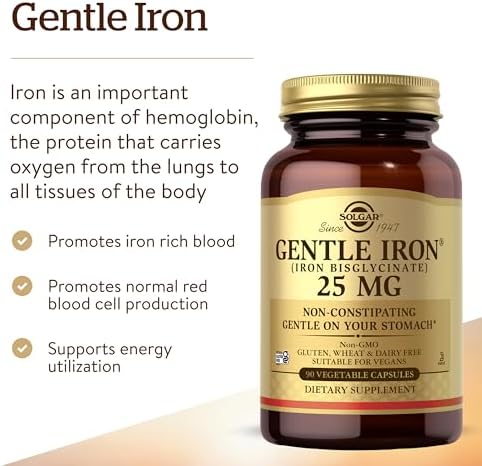 Solgar Gentle Iron 25mg, 90 Vegetable Capsules - Energy, Normal Red Blood Cell Production - Gentle on the Stomach - Non-GMO, Vegan, Gluten Free, Dairy Free, Kosher - 90 Servings