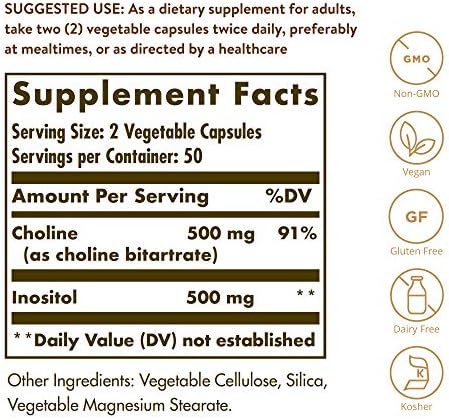 Solgar Choline/Inositol 500 mg/500 mg, 100 Vegetable Capsules - Energy Metabolism, Liver Health, Essential for Brain & Nerve Function - Non-GMO, Vegan, Gluten Free, Dairy Free, Kosher - 50 Servings