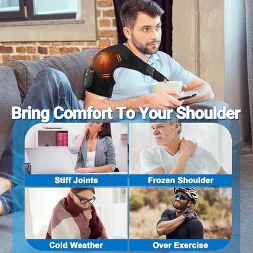 Cordless Heated Shoulder Massager, Portable Shoulder Brace Heating Pad with 3 Heat & Vibration Heated Shoulder Wrap Brace for Men Women