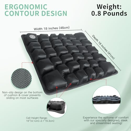 3D Air Inflatable Seat Cushion for Wheelchair & Office Chair - Adjustable Firmness Pad for Sciatica, Tailbone & Lower Back Pain Relief - Breathable, Anti-Slip, Washable Cover (18x16)